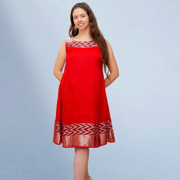 Red Silk Knee-Length Dress for Elegant Events | Muvvas Boutique - Picture 3 of 3